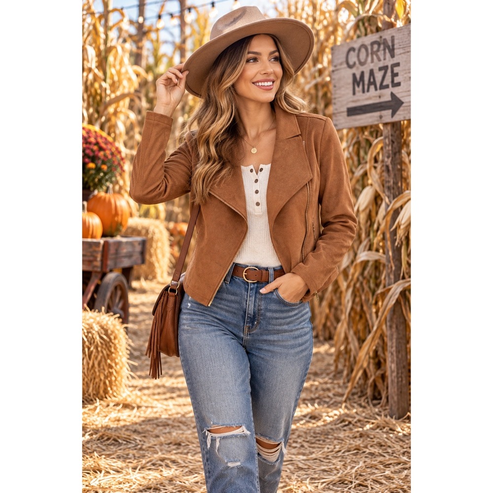 Womens Medium Brown Faux Suede Moto Jacket Asym Zip Cropped Fall Biker